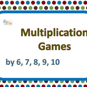 May include: A blue and white border surrounds a white background with the text "Multiplication Games by 6, 7, 8, 9, 10" in green and brown text. The background is a pattern of red, green, and brown polka dots.