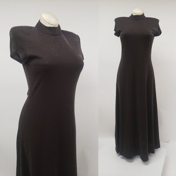 90s brown dress with silver Lurex M 8 - Formal dress - vintage prom dress M - Mock neck dress - Susan Roselli for Vijack dress