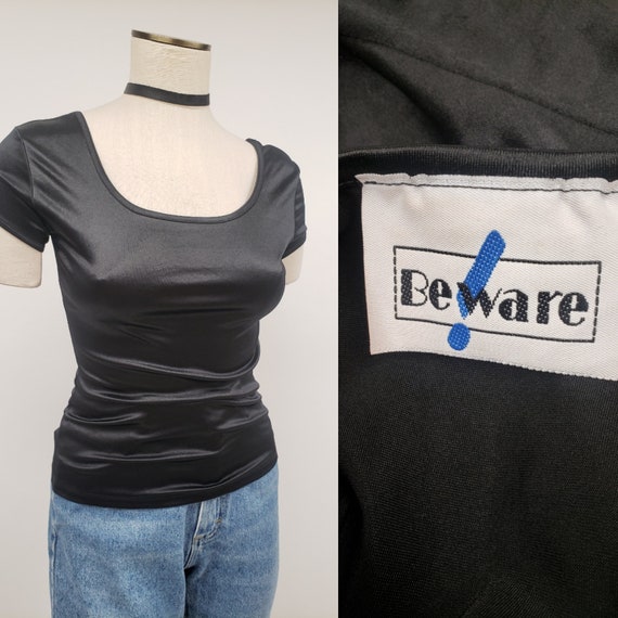 90s Y2K Shiny Black T Shirt S 90s Vintage Fitted T-shirt Pullover 