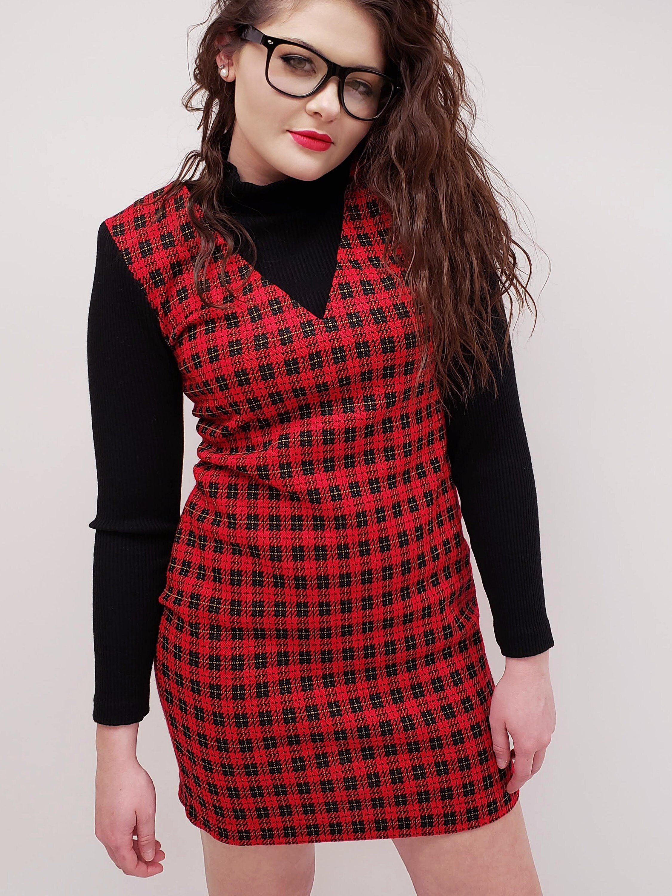 VAUGstore 90's Vintage Plaid Jumper Dress with Built in Contrast Mock Turtle Neck. Size 9/10, Medium.