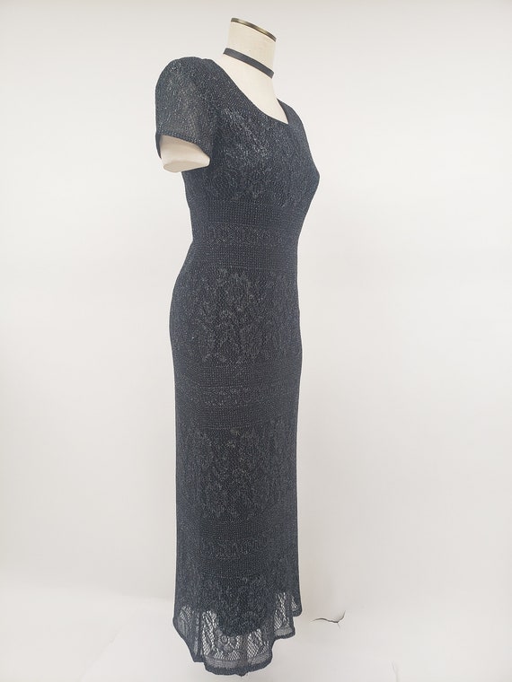 90s Black Lace Midi Dress: Metallic Acetate Goth Grunge