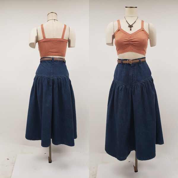 Vintage denim midi shirt by Sierra West 27" waist - 80s 90s long jean skirt - Gypsy Skirt