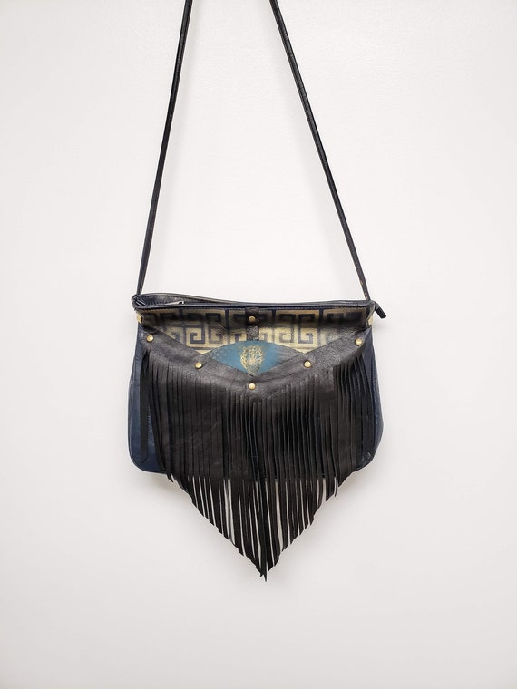 One of a Kind, Vintage Leather Fringe Up-cycled Navy Blue and 