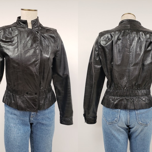 Cleaned Leather- 80s vintage leather jacket size 7/8 S M  - by G- III New York - Motorcycle jacket - black leather jacket - 80s punk