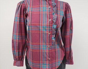 Vintage 80s Plaid Ruffle Shirt - Button Down Blouse - Etsy