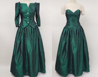 1980s does 1950s formal dress - emerald green taffeta gown with jacket - 80s Vintage prom dress - Party dress - bridesmaid dress