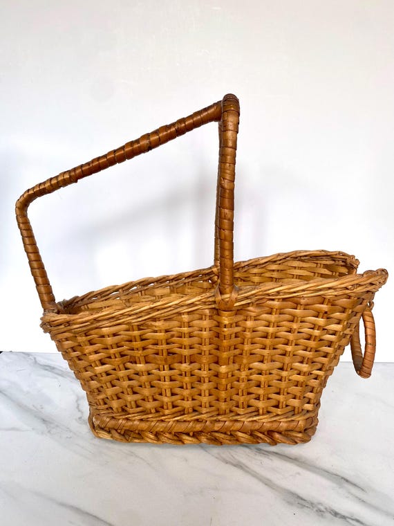 Vintage Wicker Wine Basket | French Picnic Carrier, Rustic Farmhouse or Cottagecore Decor