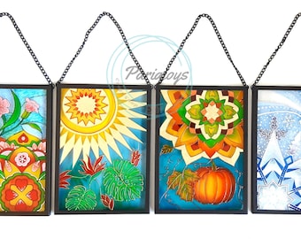 Glaskunst aan de muur Four Seasons, raamhanger Mandala Suncatcher, handgeschilderd glas-in-lood