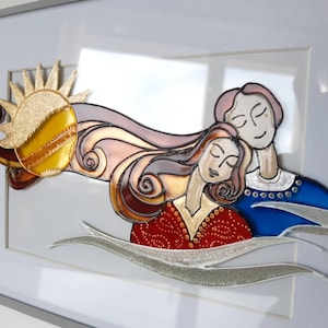 Sunny Cuddle Painted glass, Valentine&#39;s daygift, wall art, love design, gift, Suncatcher, Glass painting, Painted glass