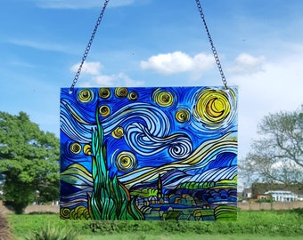 Handgeschilderde Sterrennacht, raam Suncatcher, kunstglasschildering, perspex hangend paneel, Van Gogh-kunst, kunst aan de muur
