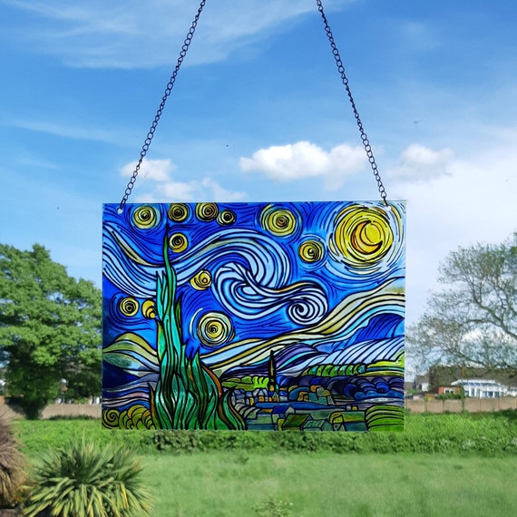 Hand painted Starry Night,  Window Suncatcher, Faux glass painting, perspex hanging panel, Van Gogh art, wall art