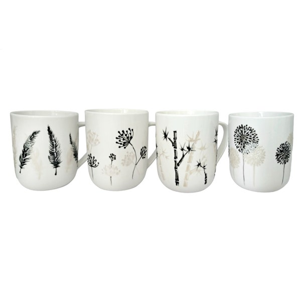 Hand painted mug set, gift mug, black and white mug, porcelain mug, coffee tea mug, drinking mug, Feather, Dill flower, Bamboo, Dandelion