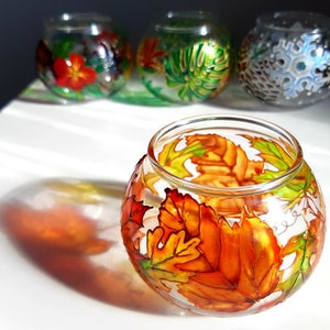 Autumn tealight holder, Hand painted candle holder, Autumn votive, Fall centrepiece, seasonal decor, Wedding table decor