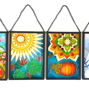 Four Seasons wall art, wall hanging suncatcher, Mandala Suncatcher, four seasons glass art, hand painted glass