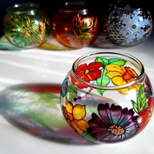 Spring tealight holder, Hand painted candle holder, spring votive, Floral centrepiece, Wedding table decor, shelf decor
