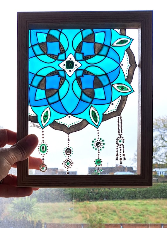 Blue mandala suncatcher, Painted glass, Suncatcher, Blue glass painting, vitray, Faux stained glass, Mandala Art, hanging suncatcher