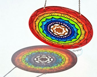 Rainbow suncatcher, Rainbow Mandala Suncatcher, Rainbow wall art, window hanging rainbow, hand painted acrylic disc, Rainbow plexiglass