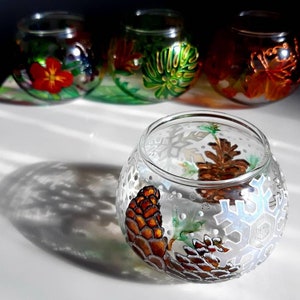 Christmas candle holder, Winter tealight holder, hand painted votive, Christmas centrepiece, wedding table decor