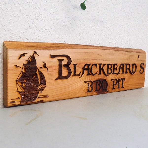 Blackbeard's BBQ Pit Sign, Restaurant Sign, Custom Engraved Wood Sign