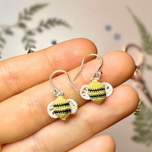 Bumblebee Micro Crochet Earrings, Bee Gifts for Her, Cottagecore Earrings, Bee Earrings, Sterling Silver Bee Earrings, Bee Jewellery