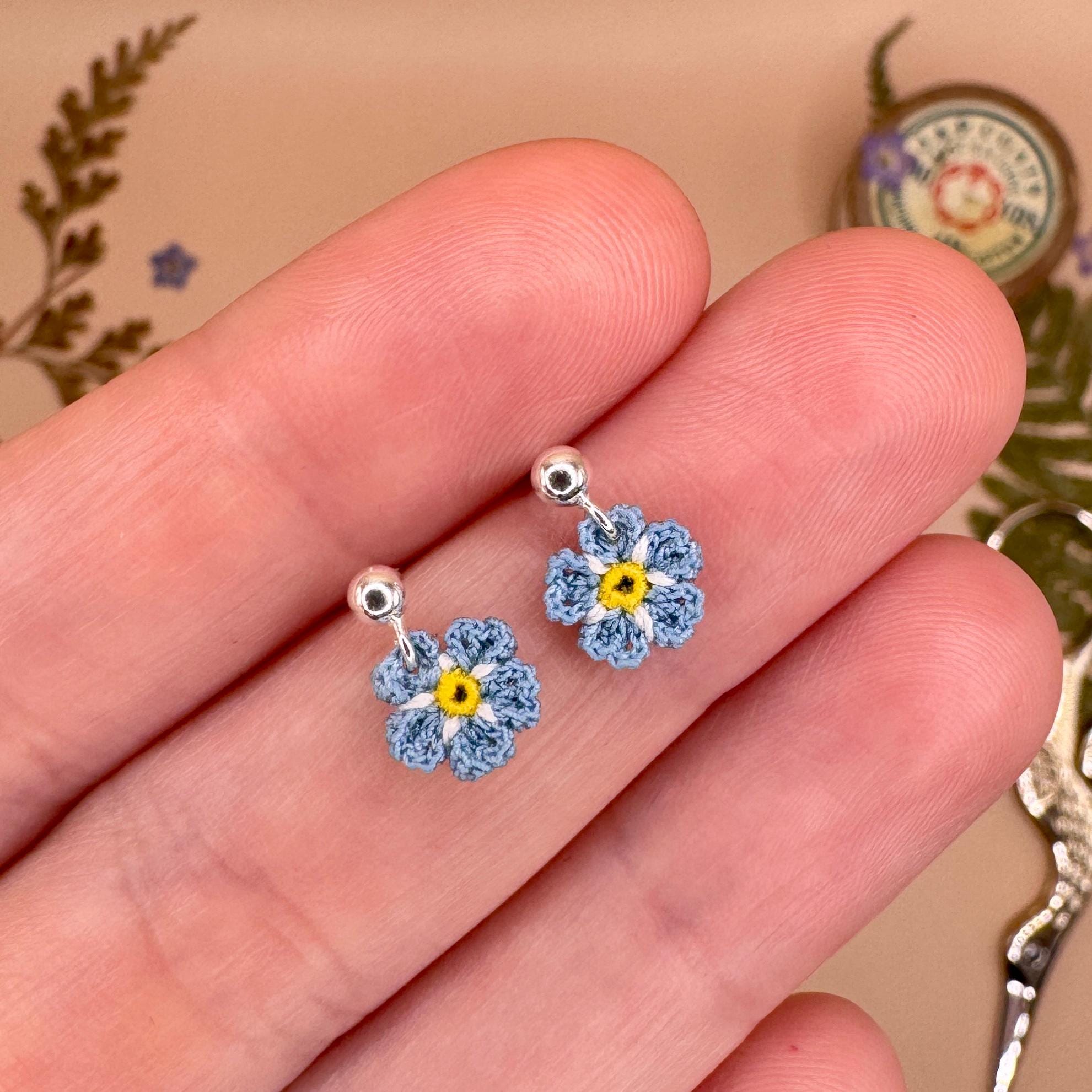 Forget-Me-Not Micro Crochet Earring Studs, 925 Silver Forget Me Not Studs, Tiny Flower Earrings, Dainty Flower Earrings, Flower Studs