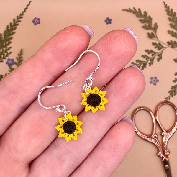 Sunflower Micro Crochet Earrings, Sunflower Gifts, Sunflower Earrings, Sunflower Jewellery, Sterling Silver Sunflower Jewellery