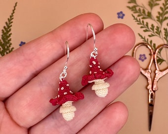 Fly Agaric Crochet Earrings, Sterling Silver Mushroom Earrings, Cottagecore Earrings, Witchy Earrings, Toadstool Earrings, Mushroom Jewelry