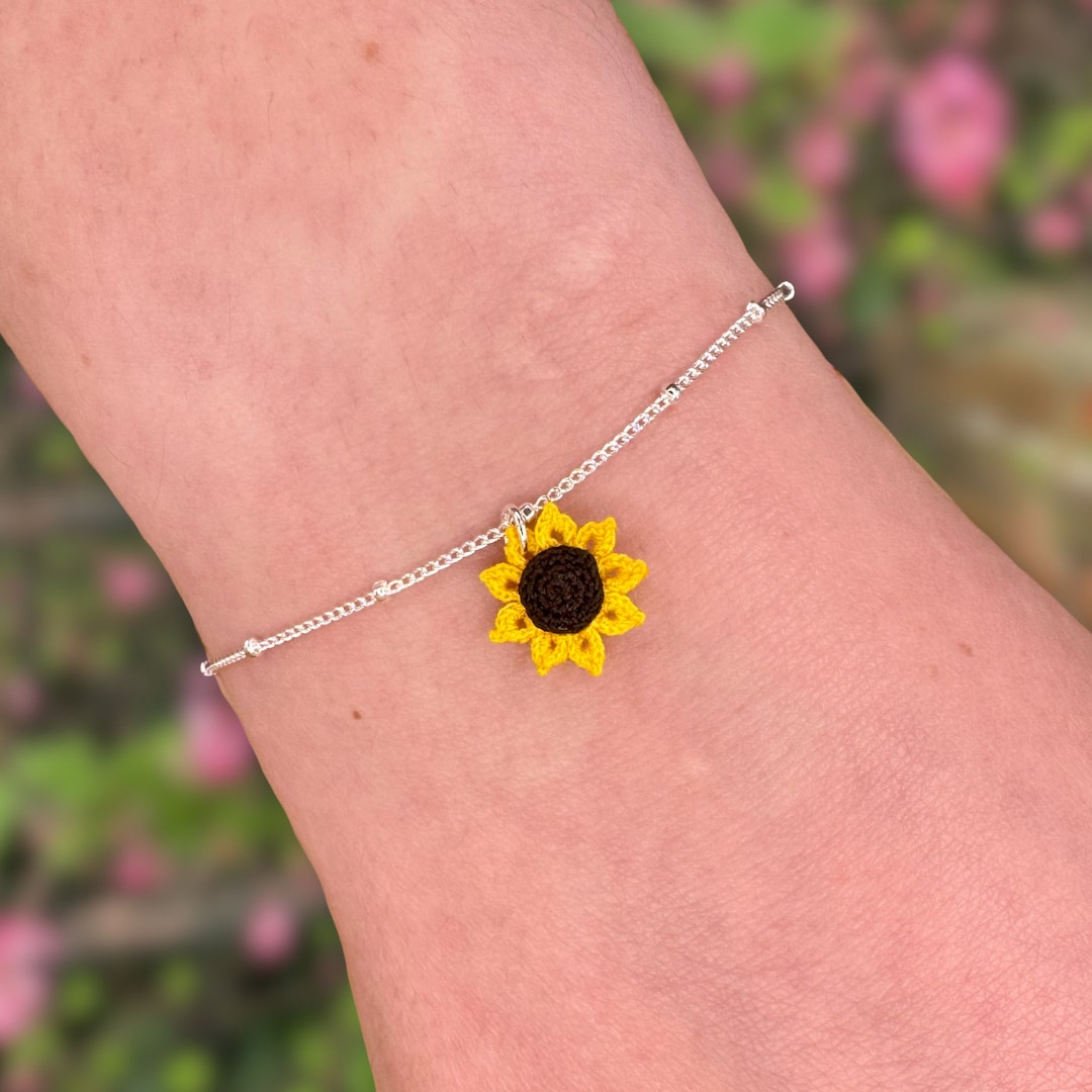 Pulseira de micro crochê de girassol, pulseira de prata esterlina de ...