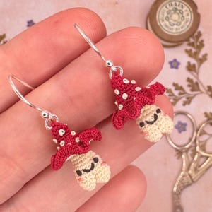 Mushroom Micro Crochet Earrings, Sterling Silver Mushroom Person Earrings, Toadstool Earrings, Mushroom Jewellery, Cottagecore Gift