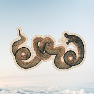 May include: A die-cut sticker featuring a dark green snake with a textured scale pattern, coiled into a knot shape. The snake has a red eye, an open mouth with visible fangs, and a light-coloured border outlining its entire body shape.