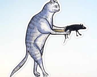 Lustiger Aufkleber mit mittelalterlicher Katze und Ratte, lustiger Aufkleber