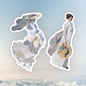 May include: Two sticker decals featuring women in white dresses and hats, reminiscent of a vintage painting. One holds an umbrella, the other a sun hat. The background is a gradient of blue and white.