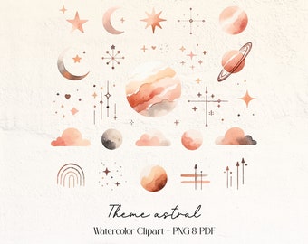 Watercolor clipart astral theme, moon, star, sun, planet, PNG and PDF