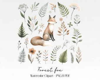 Watercolor clipart forest animals, tree, birds, fox, PNG and PDF