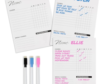 May include: White chore charts with the names "Deven" and "Ellie" written on them, along with a blank chart. Each chart has a section for chores and a weekly checklist. Three dry-erase markers are included.