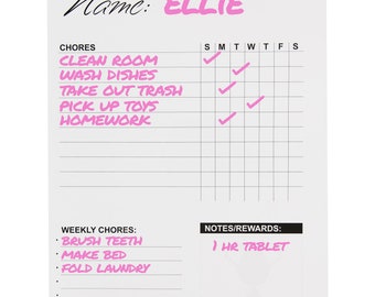 May include: A white chore chart with the name "ELLIE" in pink. The chart lists daily and weekly chores, with check marks indicating completed tasks. A section for notes/rewards is also included.