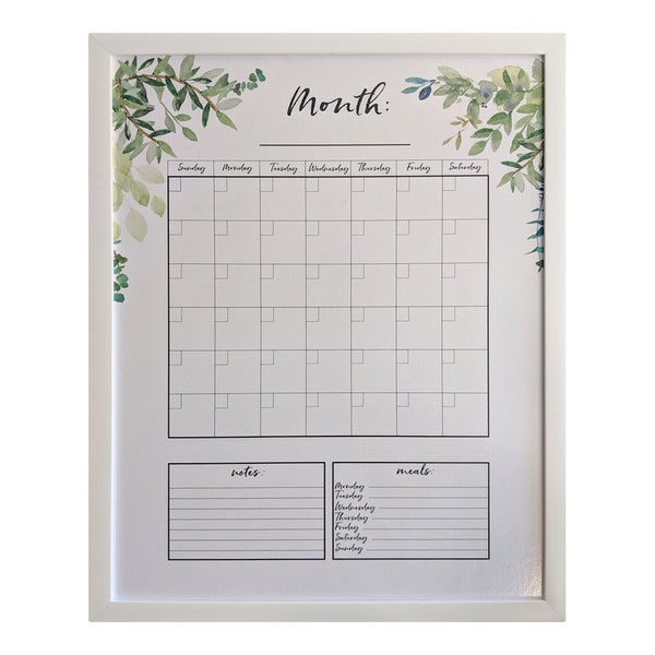 Calendario de pared con pizarra blanca y marco, planificador mensual