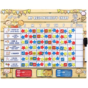 May include: Wooden responsibility chart with colorful star and reward tokens. The chart includes sections for daily tasks and a space to track earnings. Features the text "MY RESPONSIBILITY CHART" and illustrations of children.