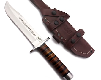 Handmade D2 Steel Hunting Knife: Stacked Leather Handle, Full Tang, Leather Sheath