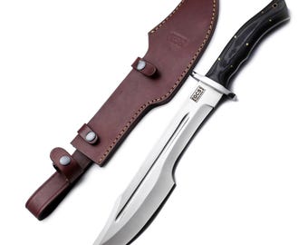 Handmade GCS D2 Steel Hunting Knife with Full Tang Black And White Handle, Fixed Blade, Buffalo Leather Scout Carry Sheath - GCS 989