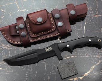 GCS Handmade Tracker Knife D2 steel Hunting Knife G10 Handle Fixed Blade  Buffalo leather Sheath and Sharpening Stone GCS 171 Black