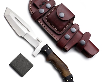 Handmade GCS D2 Steel Hunting Knife with Full Tang Wood Handle, Buffalo Leather Scout Carry Sheath & Sharpening Stone - GCS 171 Wood