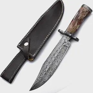 Handmade Damascus Steel Hunting Knife: Camel Bone Handle, Leather Sheath