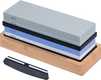 GCS Knives Sharpening Stone Whetstone Two Side Grit 400/1000 3000/8000 Waterstone - Nonslip Bamboo and Rubber Base with Angle Guide