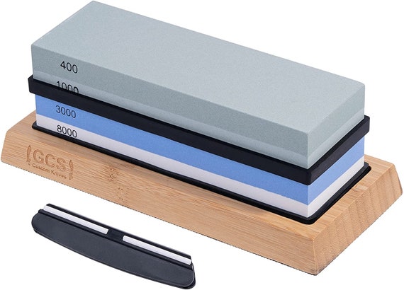 Knife Sharpening Stone Kit, 4 Side Grit 400/1000 3000/8000 Water Stone,  Non-slip Bamboo Base, Flatting Stone, Angle Guide and Leather Strop