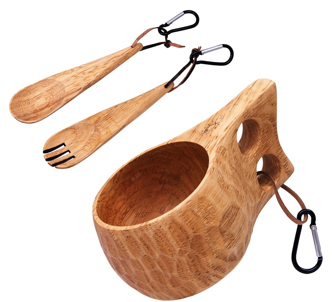 GCS Handmade Kuksa Wood Camp Mug with Fork and Spoon Lightweight & Eco-Friendly Traditional Handcrafted Wooden Cup with Natural Chestnut