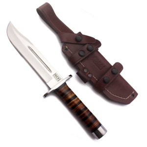 Handmade D2 Steel Hunting Knife: Stacked Leather Handle, Full Tang