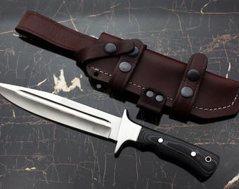 Handmade D2 Steel Hunting Knife: Black and white Micarta with Steel Bolster Handle, Leather Sheath GCS 909