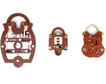 3 Escape Room Puzzle Locks Set - Tricky brain teaser maze puzzle locks with secret opening, gift for puzzle enthusiasts, difficult puzzle