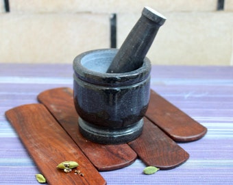 Black Marble Mortar and Pestle, Hand Polished Solid Granite grinder and masher for herbs and spices, best Mother's day gift for her